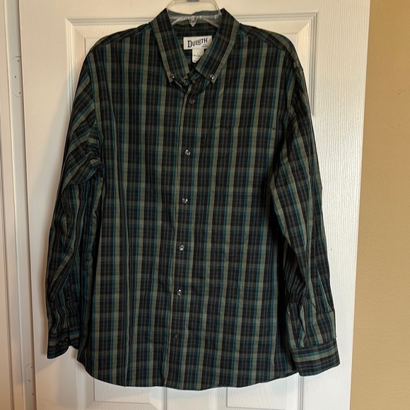 Duluth Trading Co men’s black plaid long sleeve button down shirt size large - Picture 1 of 9